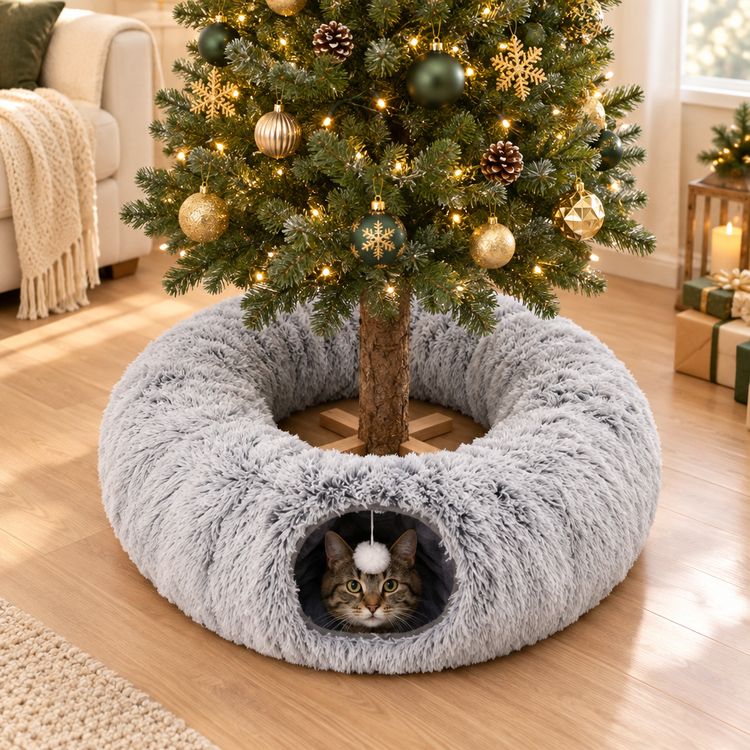 Cat peeking out of the gray tunnel bed next to a Christmas tree